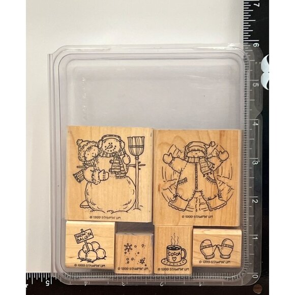 1999 STAMPIN' UP! SNOW ANGELS Wood Mount Rubber Stamp set COCOA MITTEN MAN BALL - Picture 1 of 5